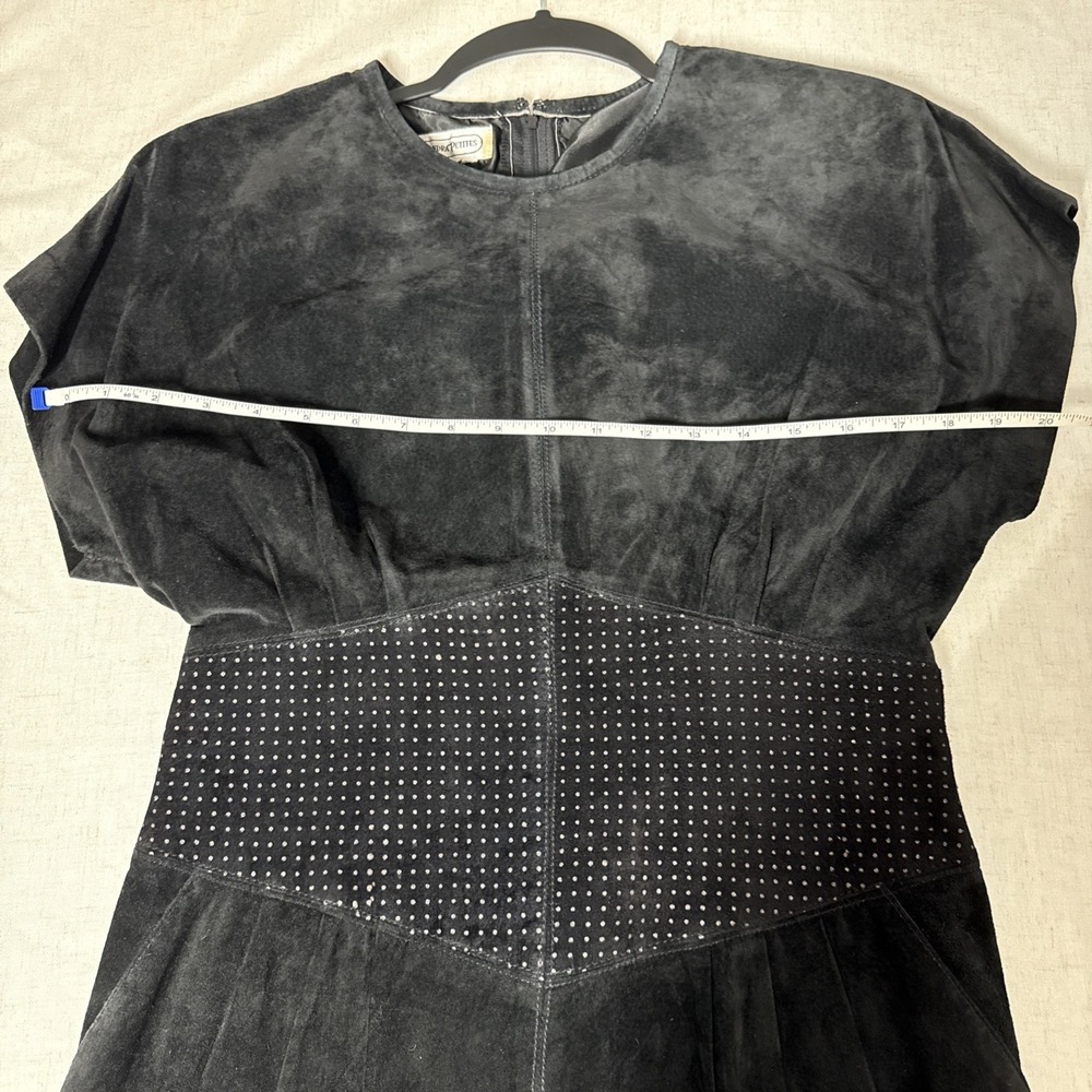 Vintage Lauren Alexandra Black Leather Midi Dress XS Corset Fit Pleated Pockets - Picture 5 of 16